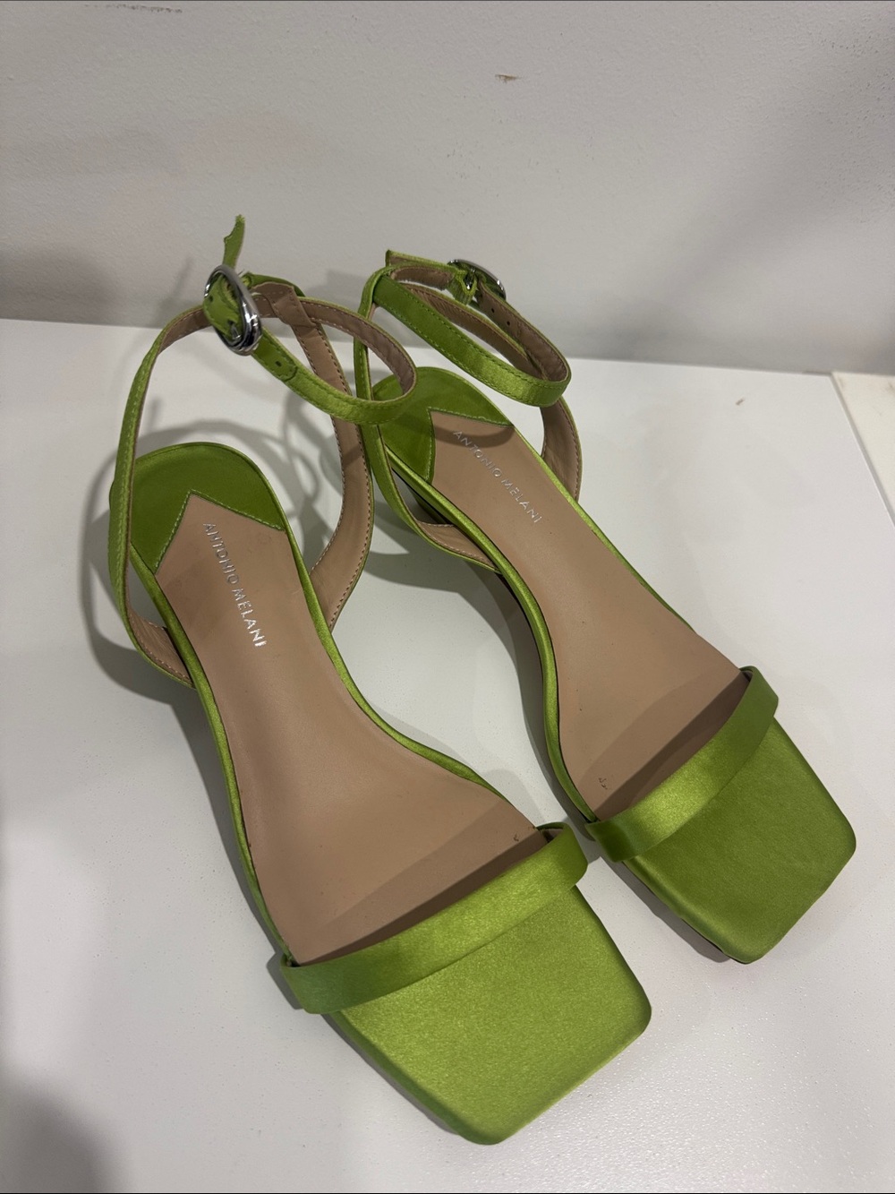 ANTONIO MELANI Lime Green Satin Ankle-Strap Heels